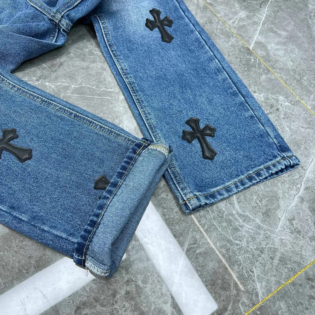 Chrome Hearts Cross Appliqué Medium Wash Blue Jeans 4