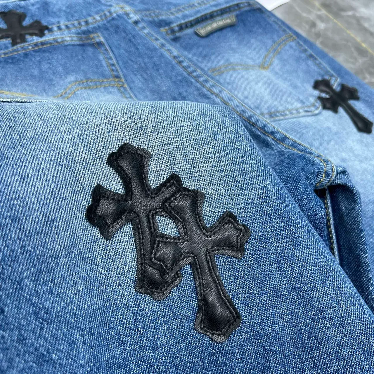 Chrome Hearts Cross Appliqué Medium Wash Blue Jeans 5