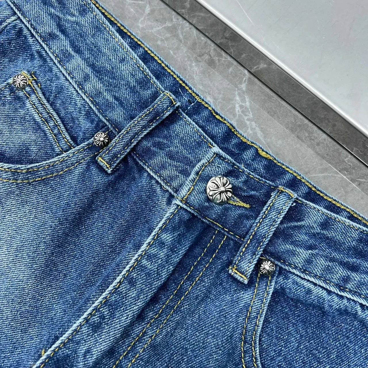 Chrome Hearts Cross Appliqué Medium Wash Blue Jeans 6