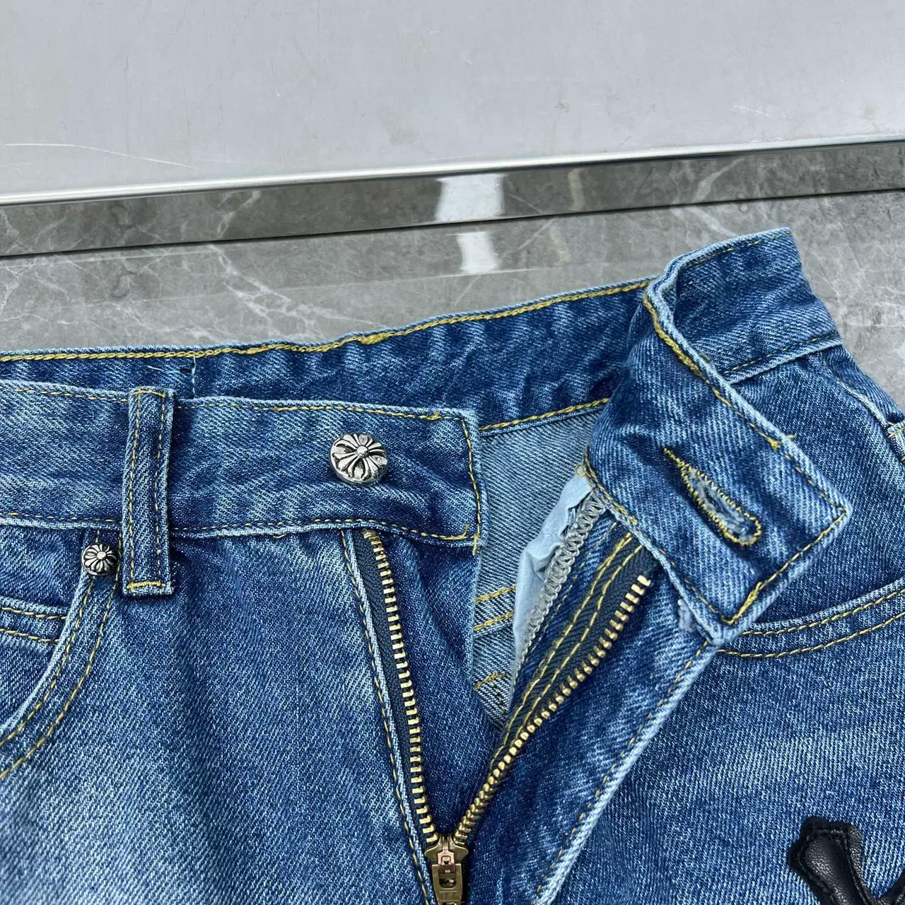 Chrome Hearts Cross Appliqué Medium Wash Blue Jeans 7