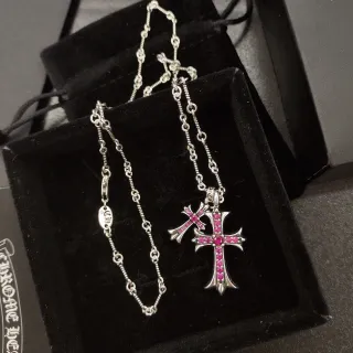 Chrome Hearts Cross Double Pendant Pink Stone Necklace