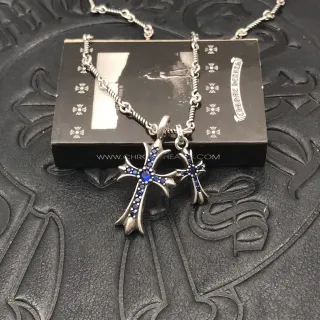 Chrome Hearts Cross Silver Blue Twisted Rope Chain Double Pendant Necklace