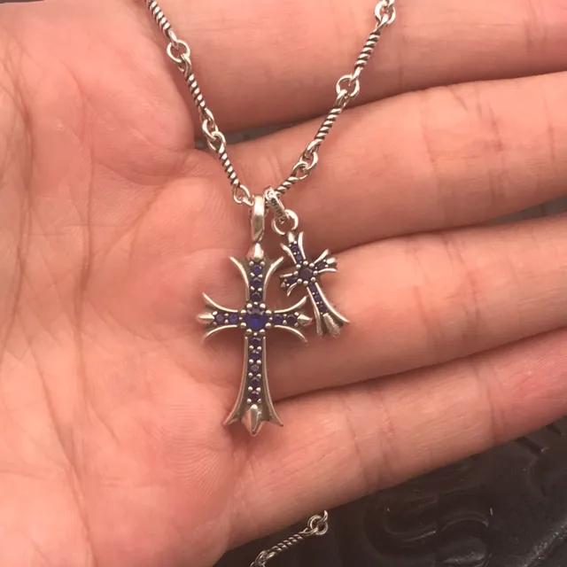 Chrome Hearts Croix Chaîne en corde tordue argent bleu collier double pendentif 2