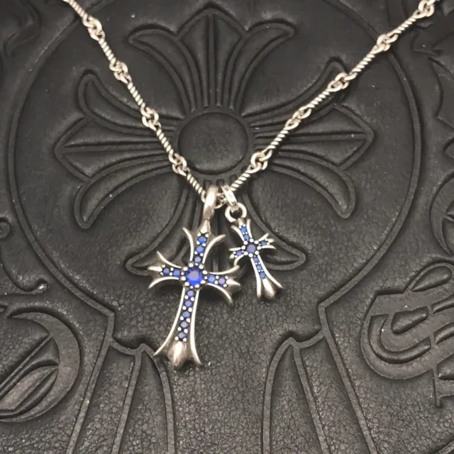 Chrome Hearts Croix Chaîne en corde tordue argent bleu collier double pendentif 3
