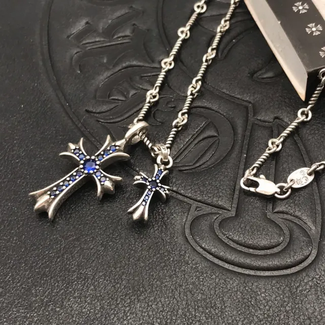 Chrome Hearts Croix Chaîne en corde tordue argent bleu collier double pendentif 5