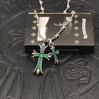 Chrome Hearts Double Cross Green Gemstone Necklace