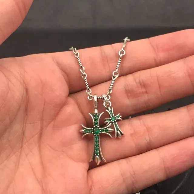 Chrome Hearts Double Cross Green Gemstone Necklace 2