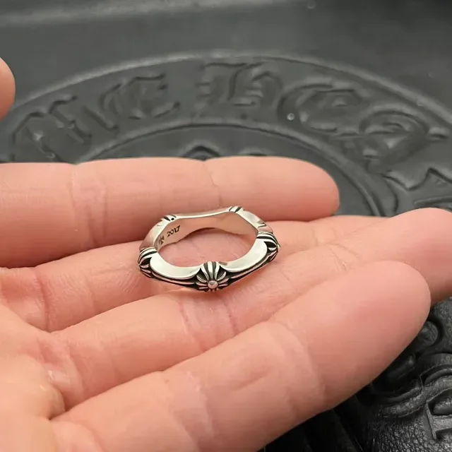 Chrome Hearts Silver Black Ornate Floral Scrollwork Shield-Shaped Bezel Ring 5