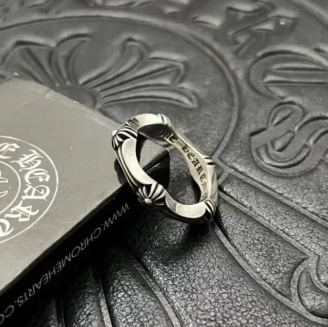 Chrome Hearts Silver Black Ornate Floral Scrollwork Shield-Shaped Bezel Ring 8