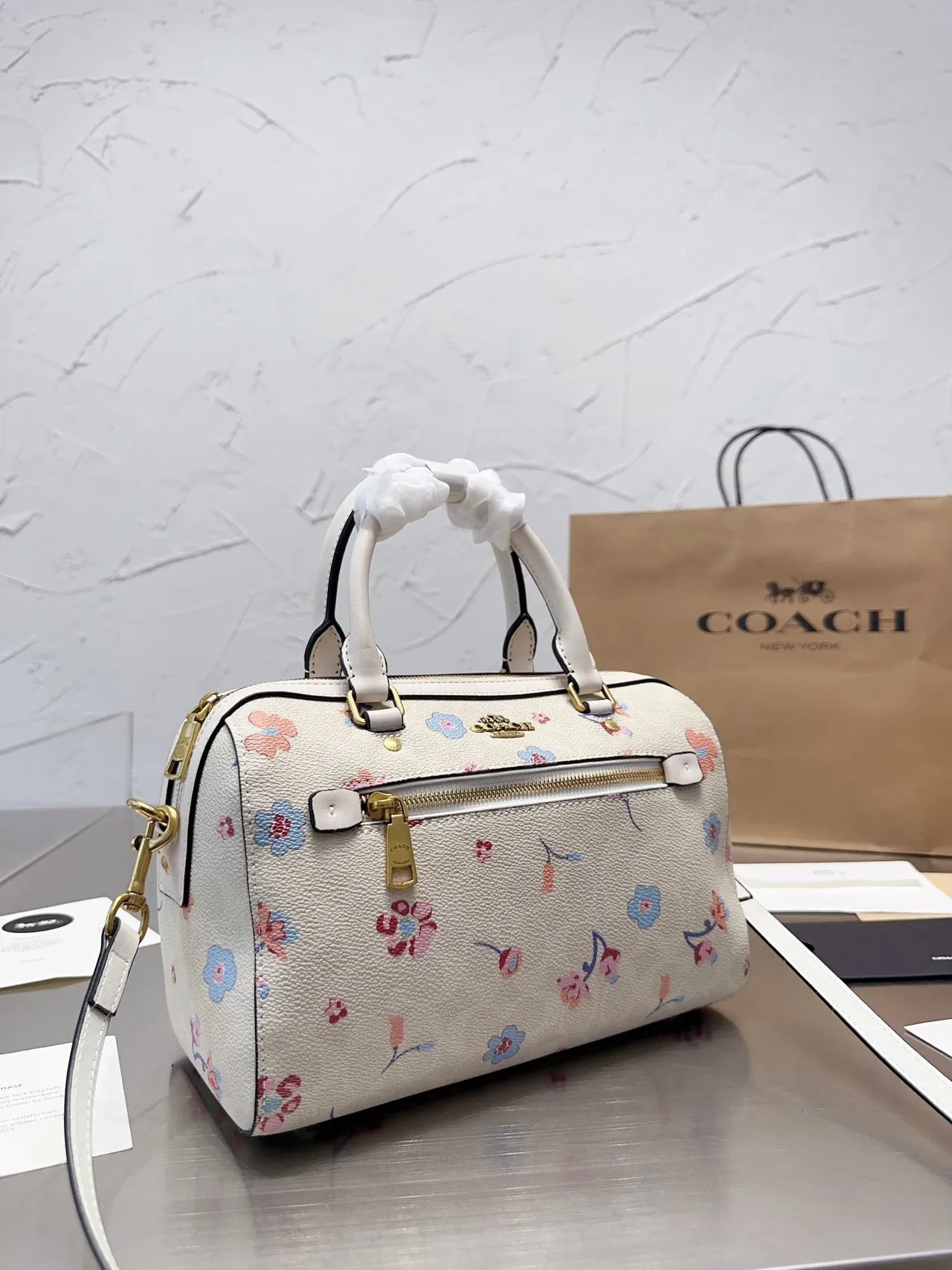 Coach Mini Boston Beige Multicolor Floral-Print Pebbled Leather Boston Bag 1