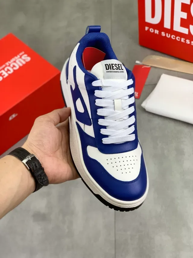 Diesel Blue White Bold Color-Blocked Perforated Toe Cap Sneakers 1