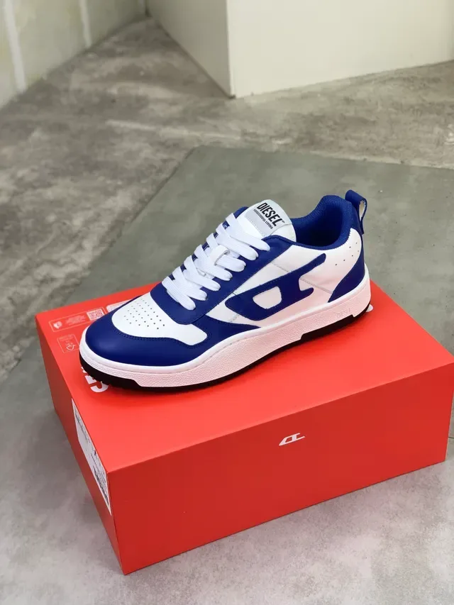 Diesel Blue White Bold Color-Blocked Perforated Toe Cap Sneakers 4