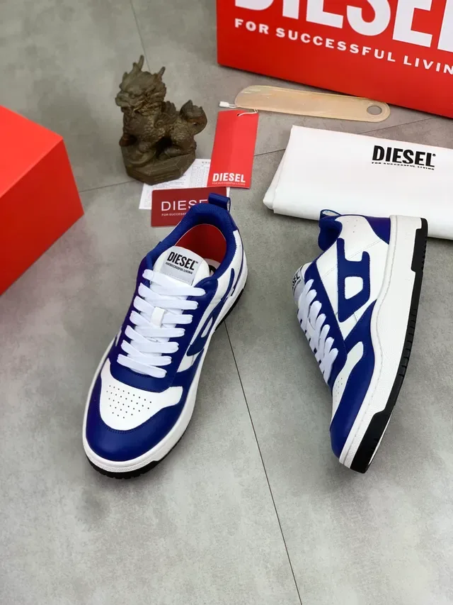 Diesel Blue White Bold Color-Blocked Perforated Toe Cap Sneakers 5