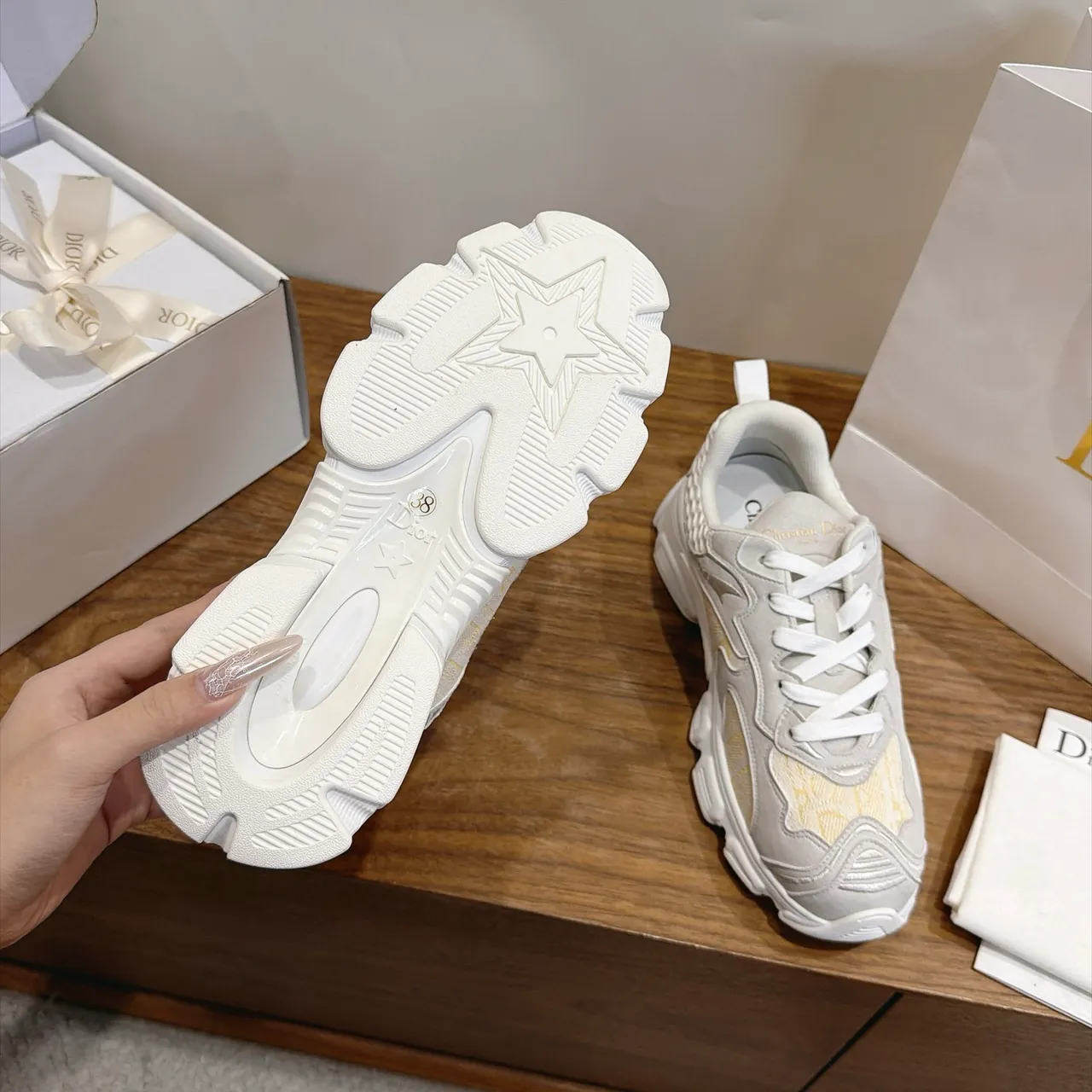 Dior B22 Beige Yellow Sole Jacquard Paneling Chunky Sneakers 3
