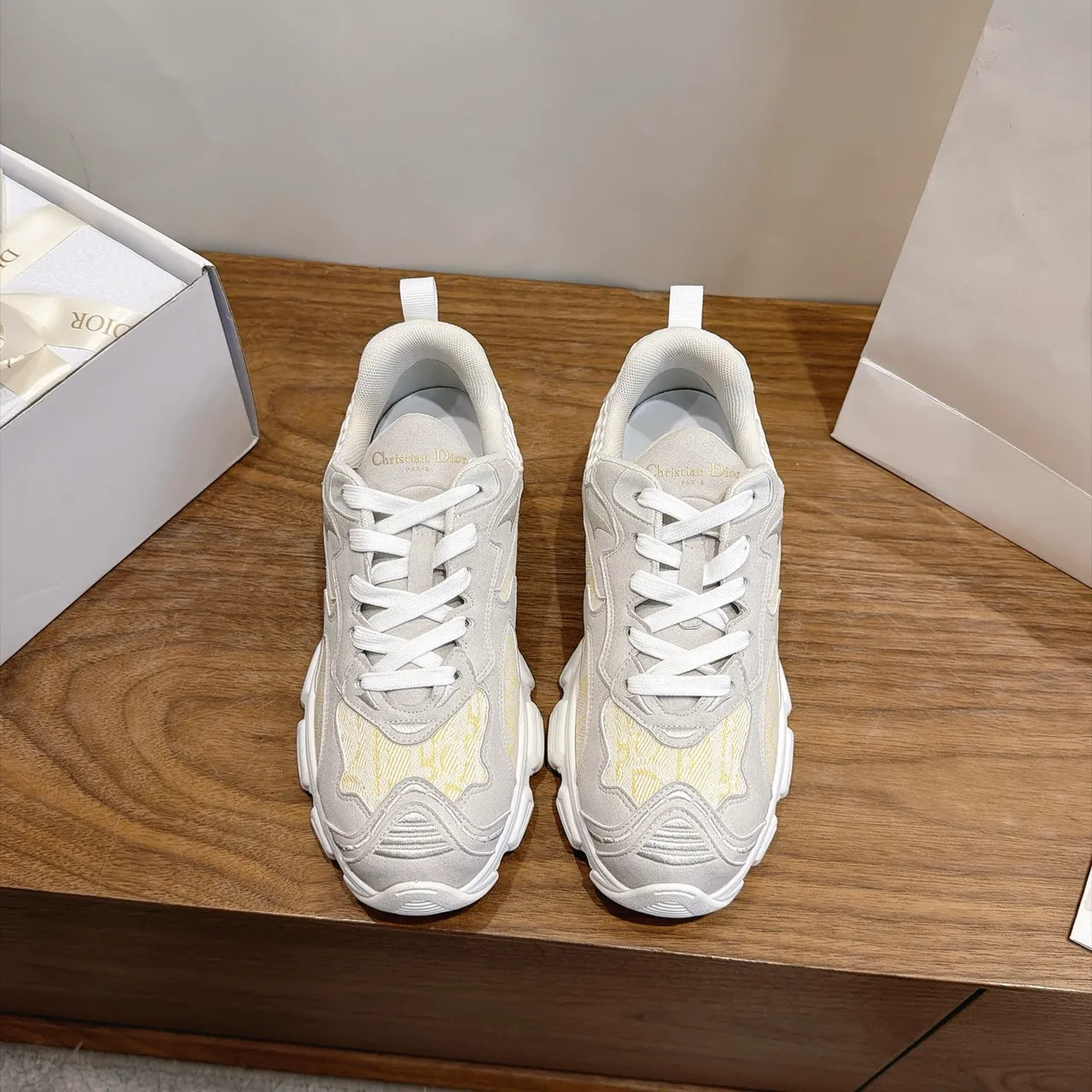 Dior B22 Beige Yellow Sole Jacquard Paneling Chunky Sneakers 5