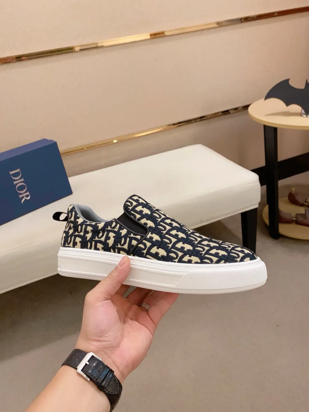 Dior B22 Monogram Bleu Marine Et Beige Sneakers Lifestyle Slip-On 5