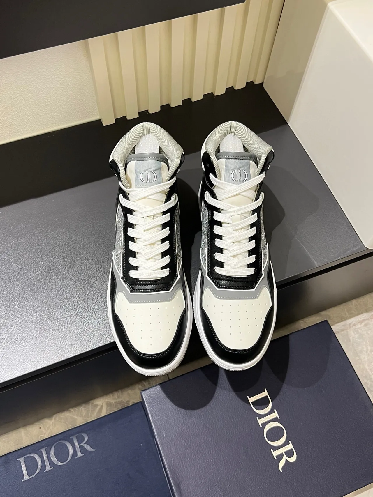 Dior B23 Black White High-Top Monogram Panel Lifestyle Sneakers 2