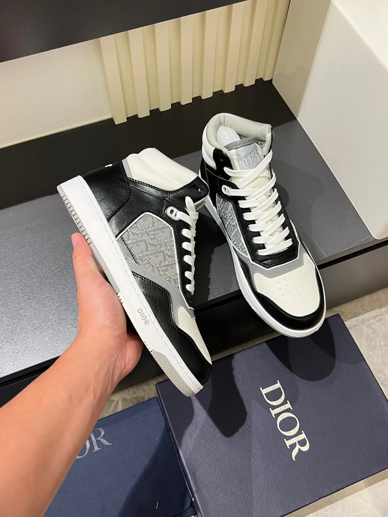 Dior B23 Black White High-Top Monogram Panel Lifestyle Sneakers 6