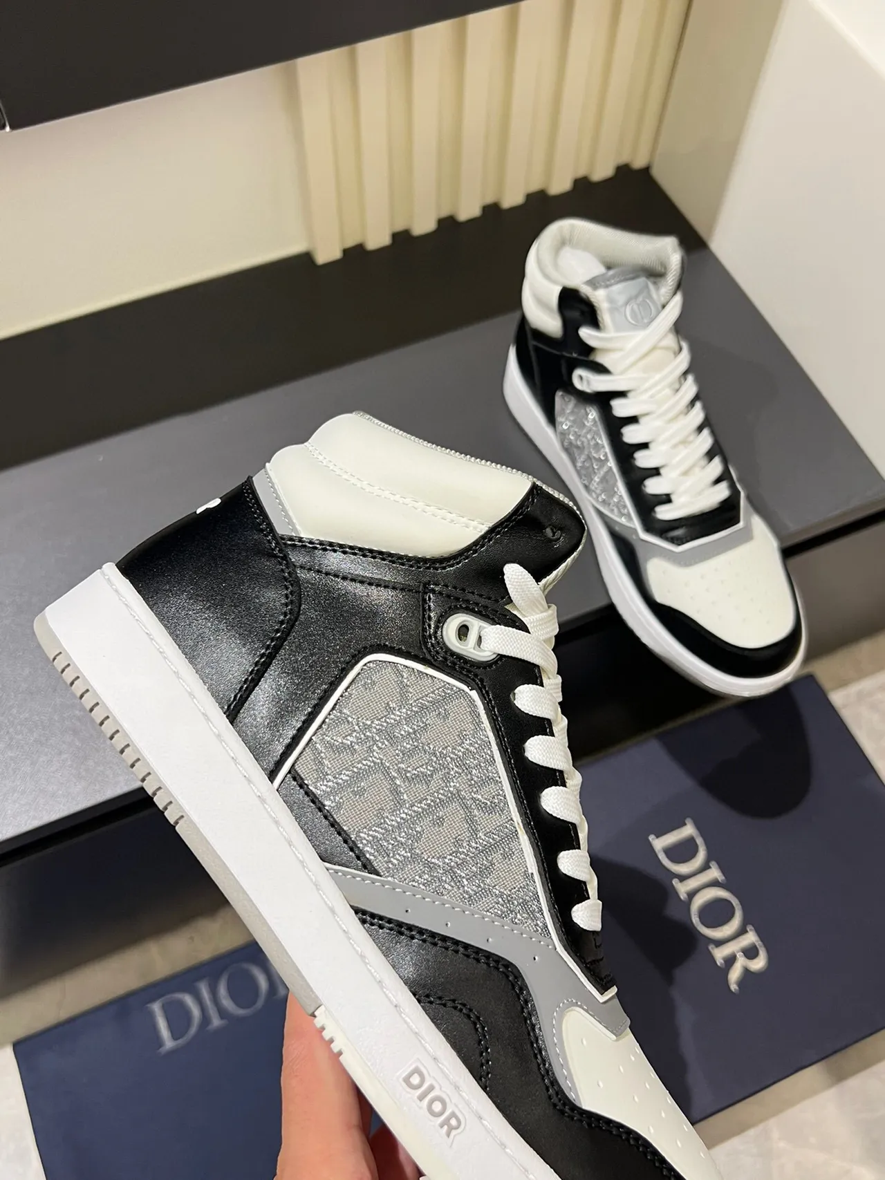 Dior B23 Black White High-Top Monogram Panel Lifestyle Sneakers 8