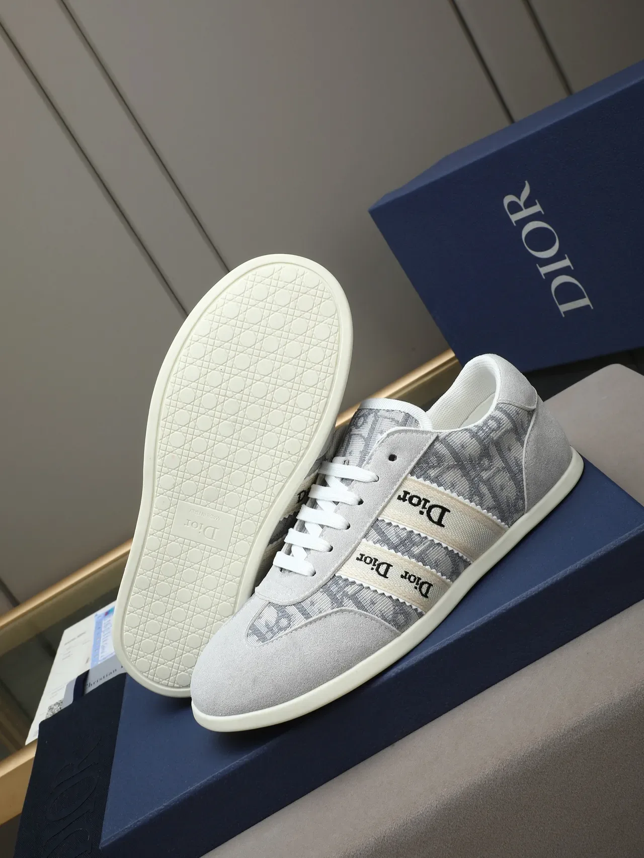Dior B23 Gris Beige Baskets Lifestyle Basses En Daim Et Textile Imprimé 4