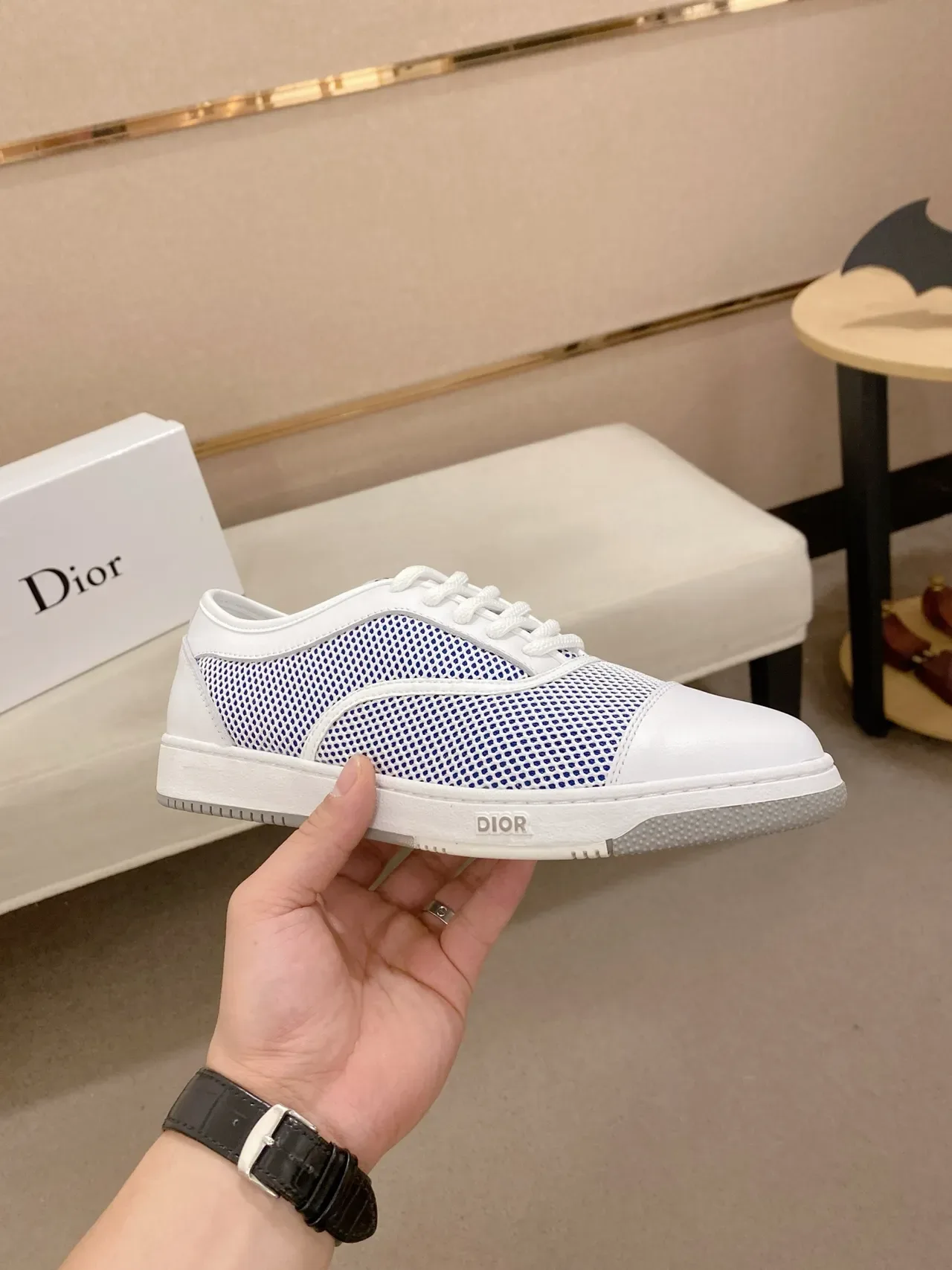 Dior B23 White and Blue Perforated Mesh Lifestyle Sneakers 4