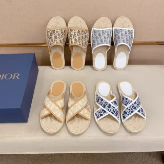 Dior B27 Beige Navy Espadrille Sole Oblique Jacquard Strap Slippers