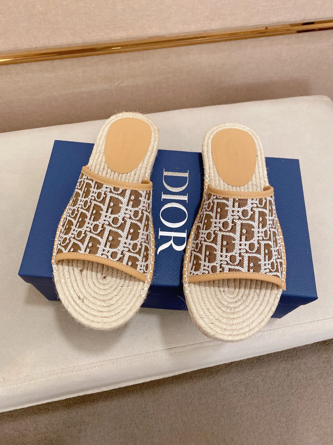Dior B27 Beige Navy Espadrille Sole Oblique Jacquard Strap Slippers 3