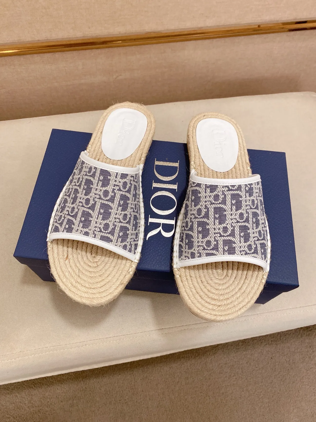 Dior B27 Beige Navy Espadrille Sole Oblique Jacquard Strap Slippers 4