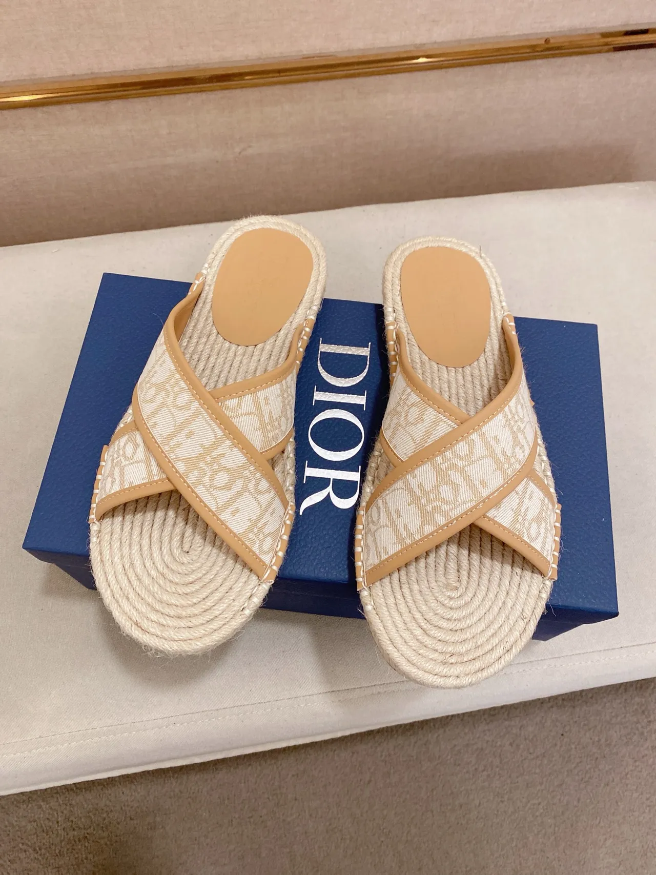 Dior B27 Beige Navy Espadrille Sole Oblique Jacquard Strap Slippers 5