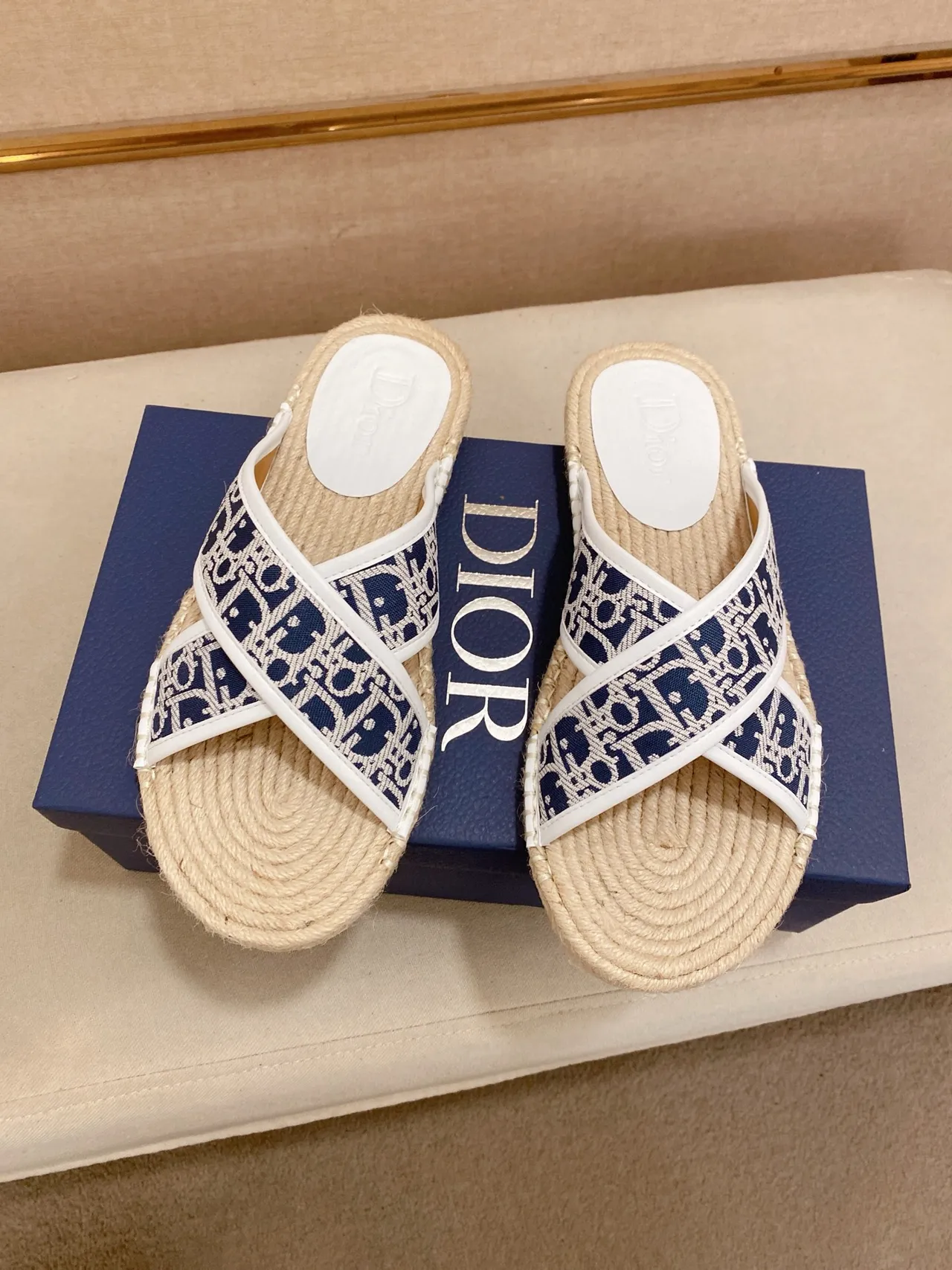 Dior B27 Beige Navy Espadrille Sole Oblique Jacquard Strap Slippers 6