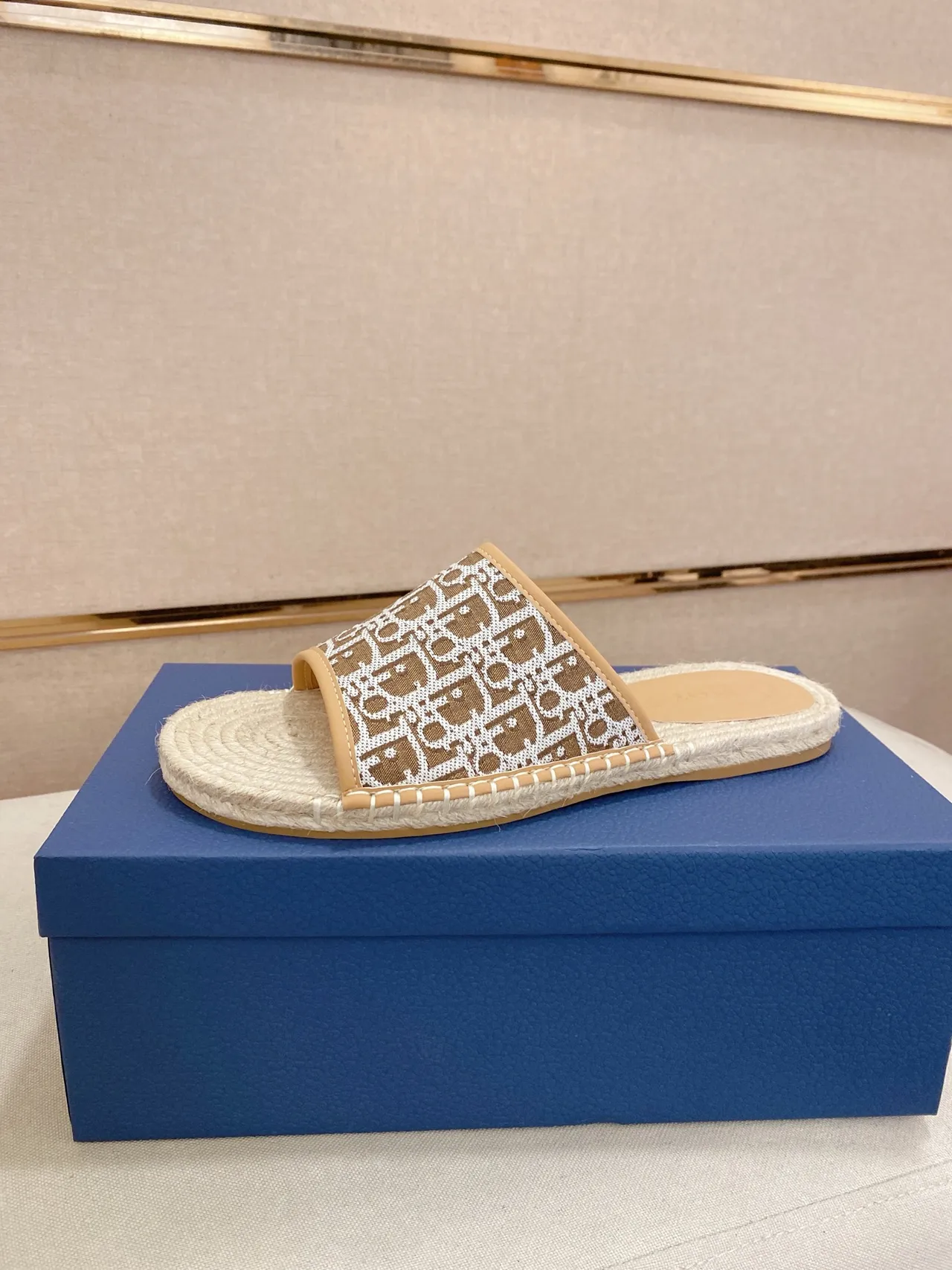 Dior B27 Beige Navy Espadrille Sole Oblique Jacquard Strap Slippers 7