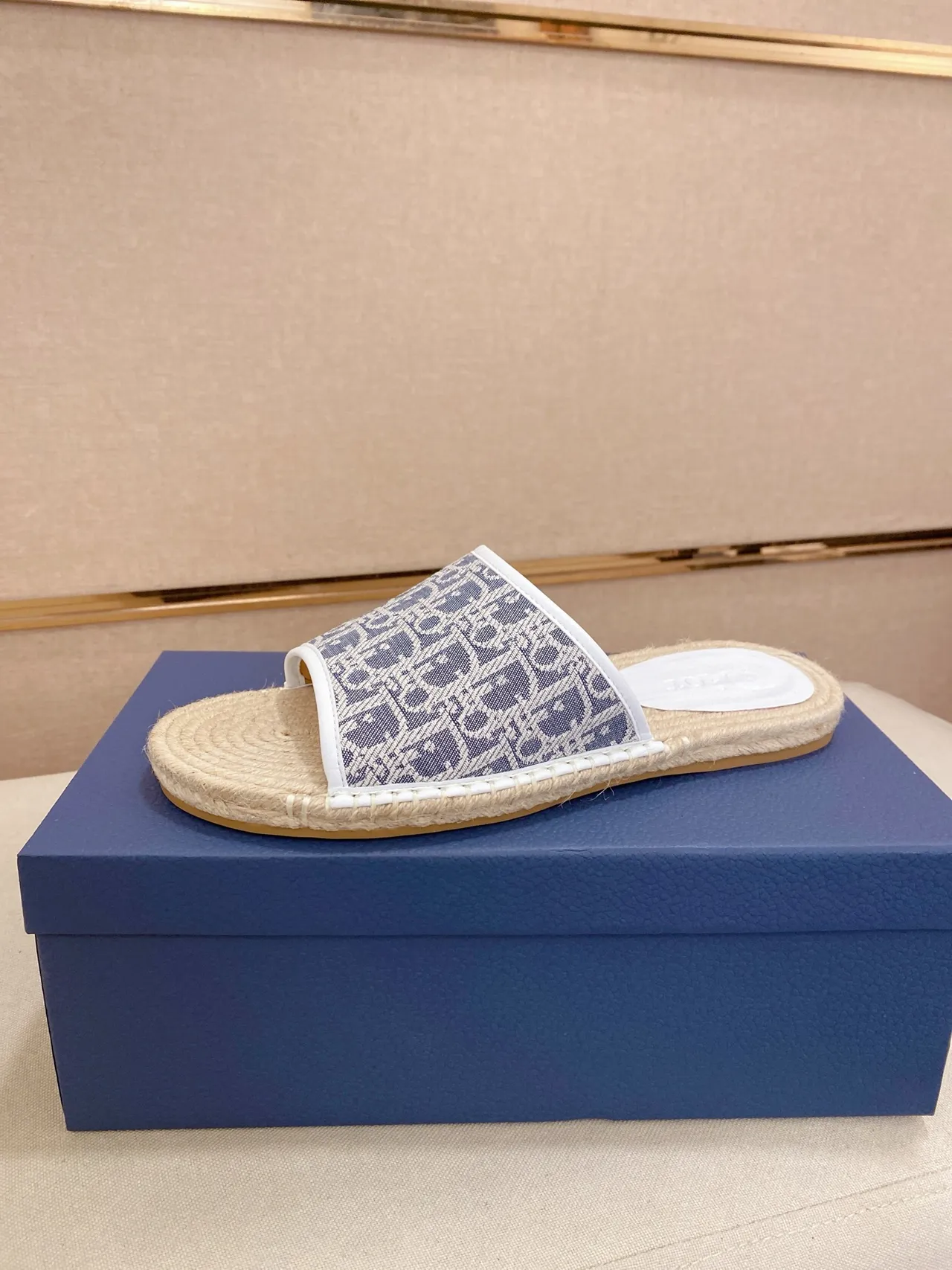 Dior B27 Beige Navy Espadrille Sole Oblique Jacquard Strap Slippers 8