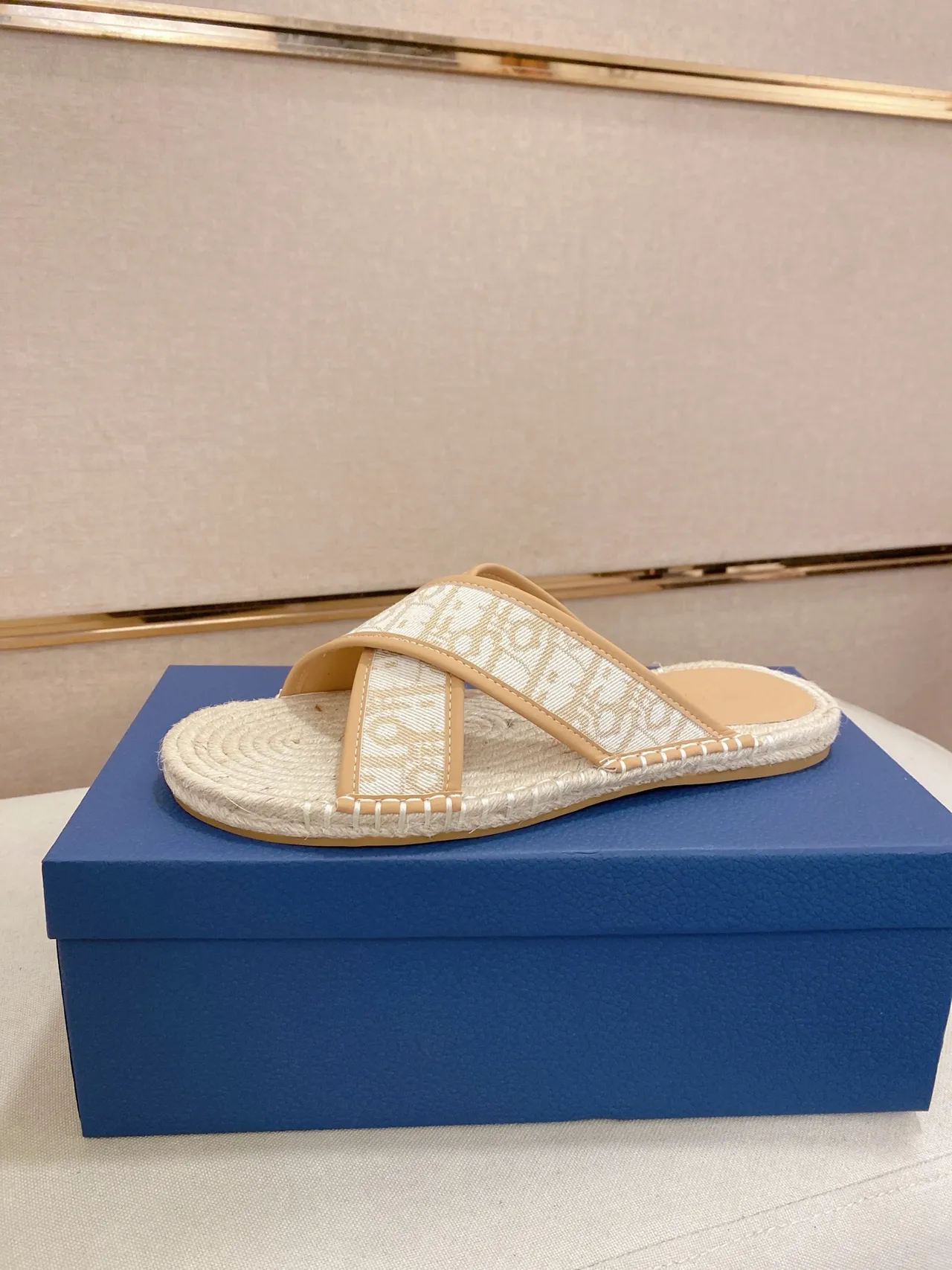 Dior B27 Beige Navy Espadrille Sole Oblique Jacquard Strap Slippers 9