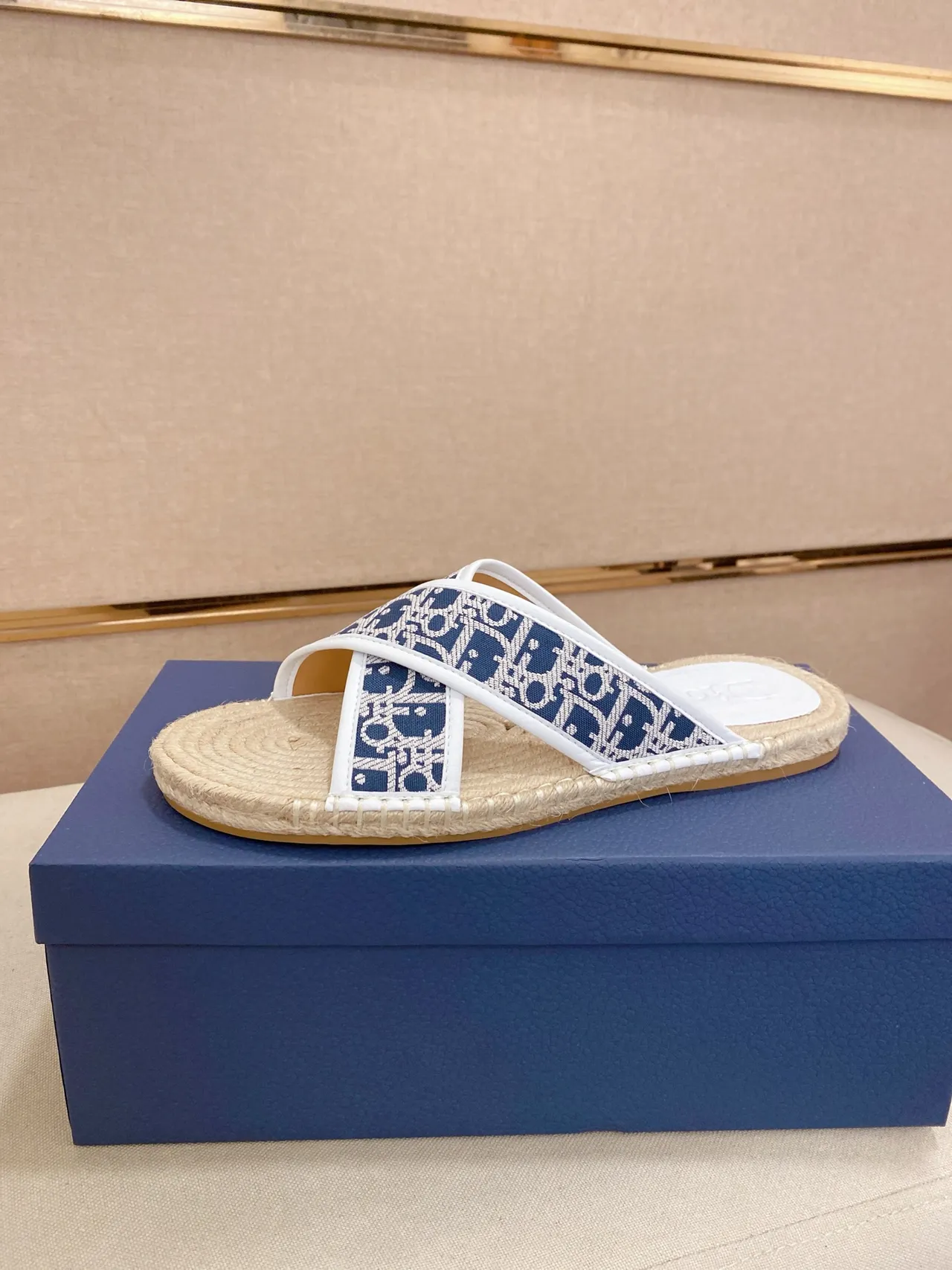 Dior B27 Beige Navy Espadrille Sole Oblique Jacquard Strap Slippers 10