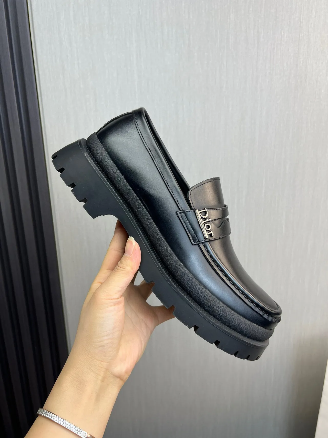 Dior Black Chunky Lug Sole Metal Logo Strap Loafer 7