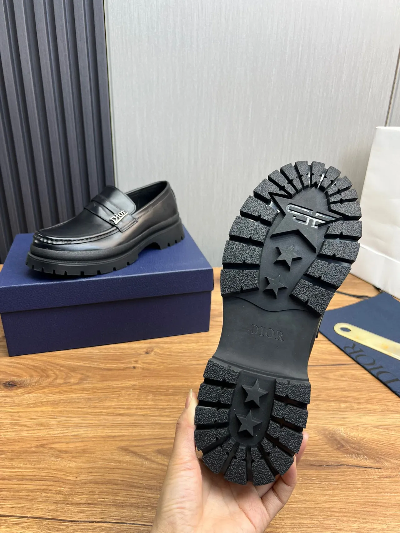 Dior Black Chunky Lug Sole Metal Logo Strap Loafer 9