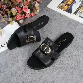 Dior Black Gold Leather Single Strap Slippers