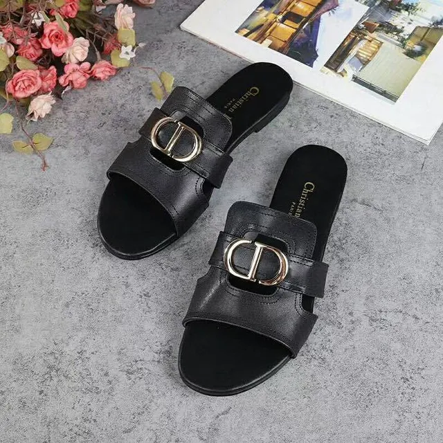 Dior Black Gold Leather Single Strap Slippers 2