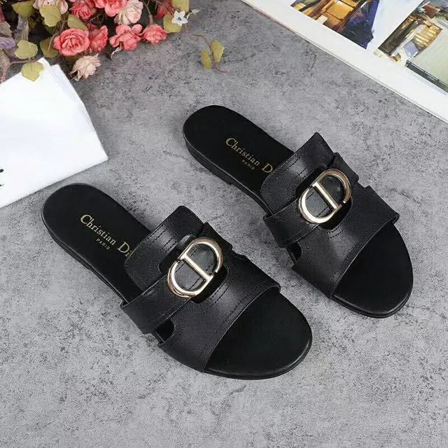 Dior Black Gold Leather Single Strap Slippers 4
