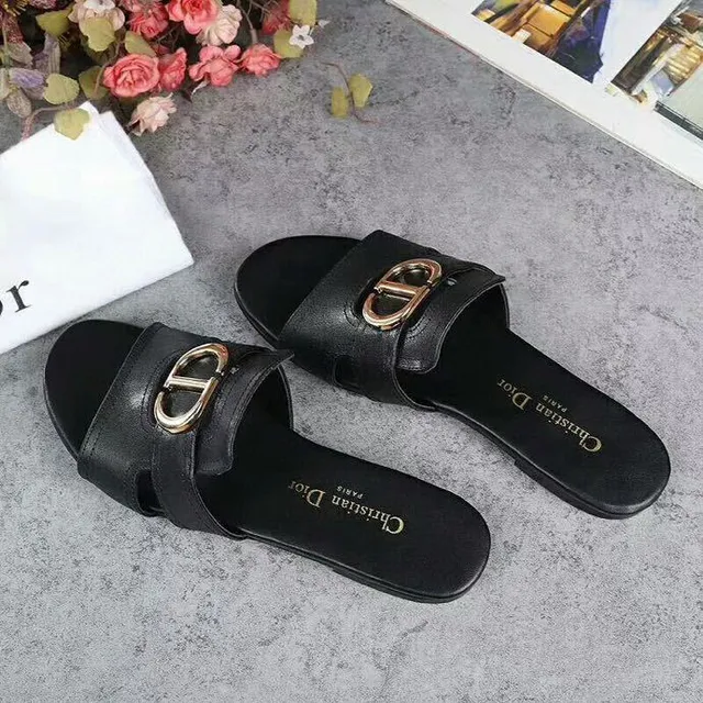 Dior Black Gold Leather Single Strap Slippers 5