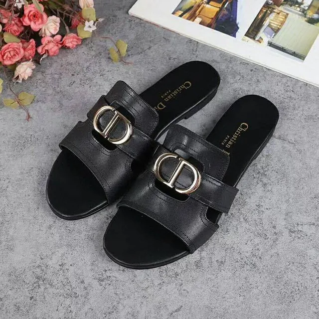 Dior Black Gold Leather Single Strap Slippers 6