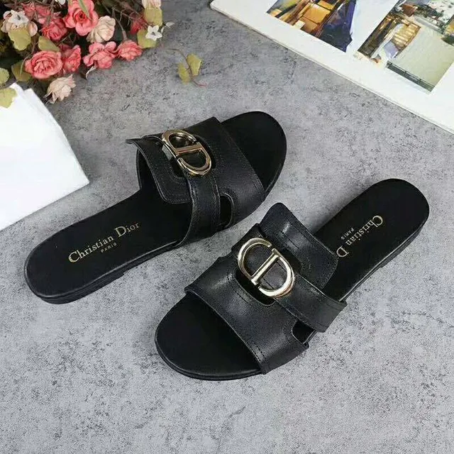 Dior Black Gold Leather Single Strap Slippers 7