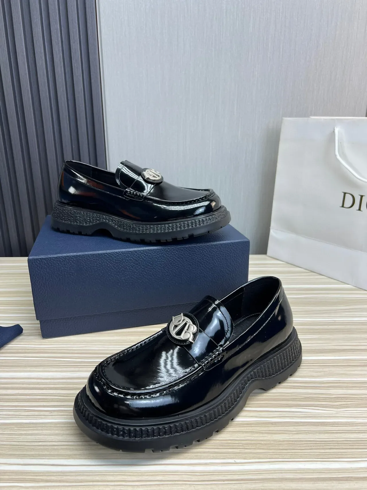 Dior Black Silver Patent Leather Monogram Buckle Loafer 4