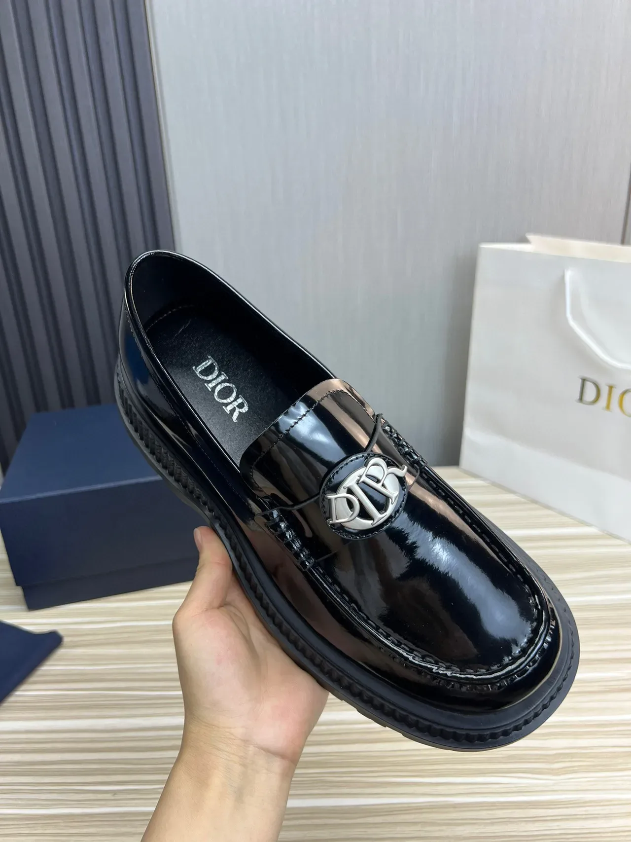 Dior Black Silver Patent Leather Monogram Buckle Loafer 7