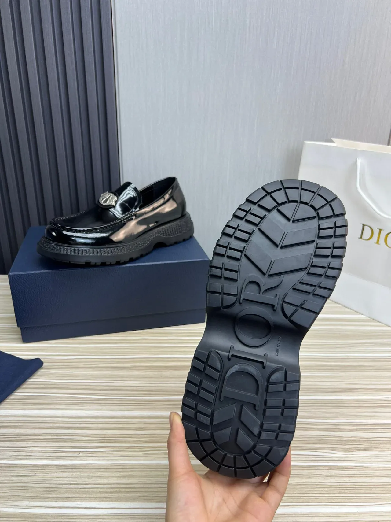 Dior Black Silver Patent Leather Monogram Buckle Loafer 9
