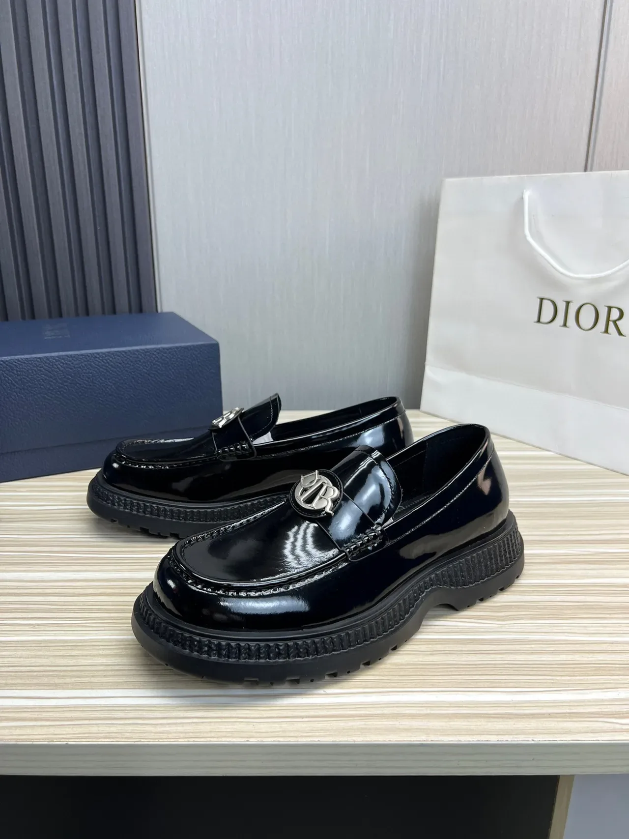 Dior Black Silver Patent Leather Monogram Buckle Loafer 10