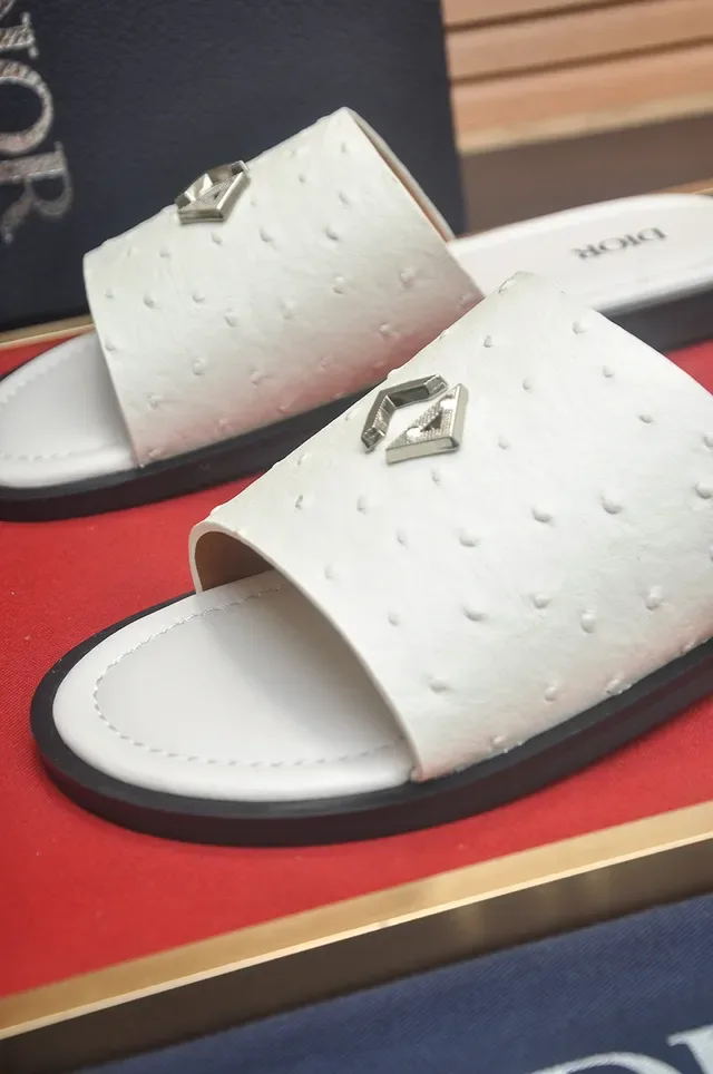 Dior Black White Ostrich-Textured Leather Single-Strap Slide Slippers 2