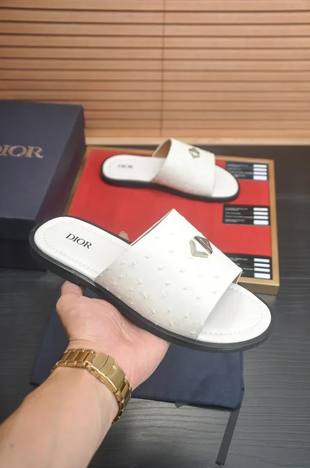 Dior Black White Ostrich-Textured Leather Single-Strap Slide Slippers 3