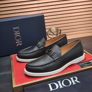 Dior Black White Pebbled Leather D-Shaped Metal Buckle Loafer