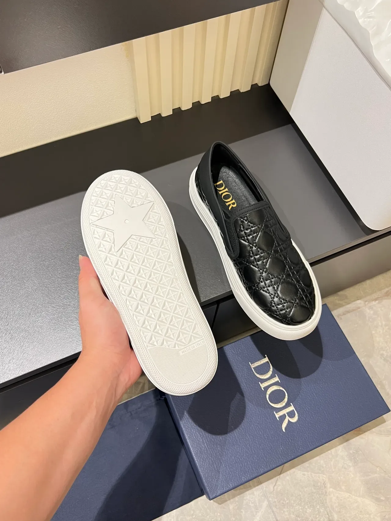 Dior Black White Quilted Cannage Leather Slip-On Lifestyle Sneakers 3